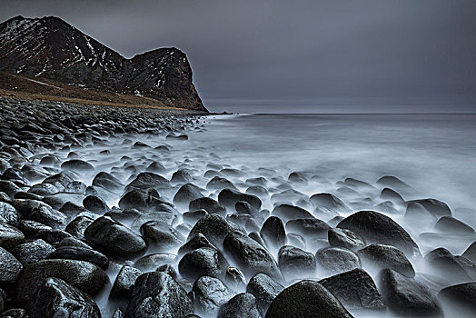 岩石海岸,海浪,海滩,罗弗敦群岛,挪威,欧洲