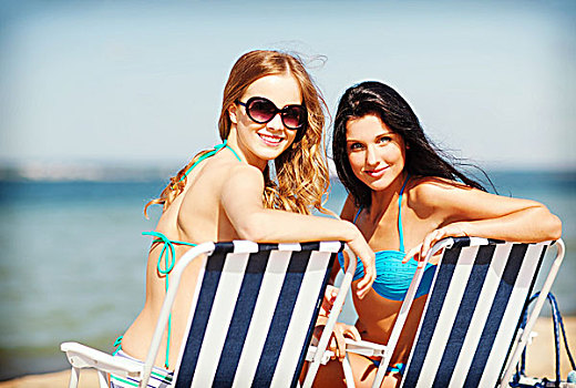 暑假,度假,女孩,日光浴,沙滩椅