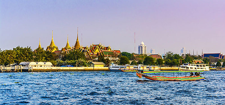 日落,风景,大皇宫,河,前景,曼谷,泰国