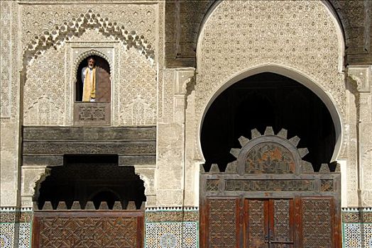 男人,穿,传统布料,窗,装饰,高处,门,大门,摩洛哥