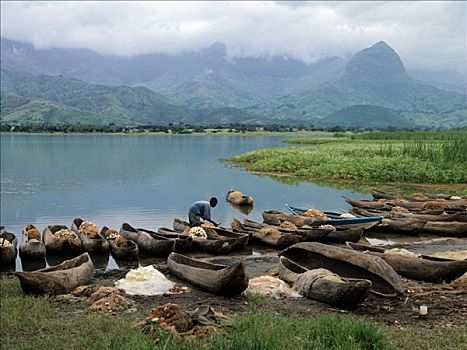 独木舟,捕鱼,湖,脚,山峦,户外