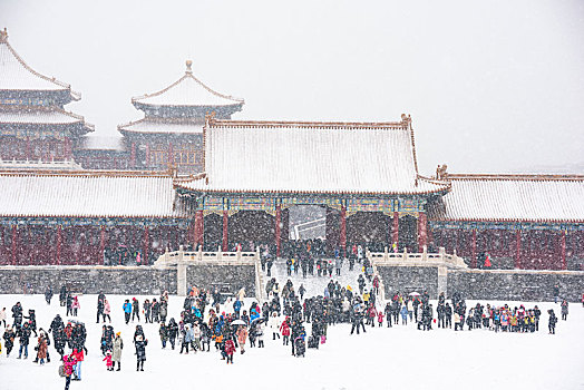 兴奋的游客们在大雪纷飞的故宫
