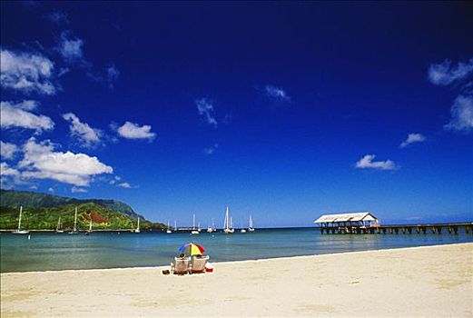 夏威夷,考艾岛,湾,海岸线,帆船,码头,伴侣,海滩,伞
