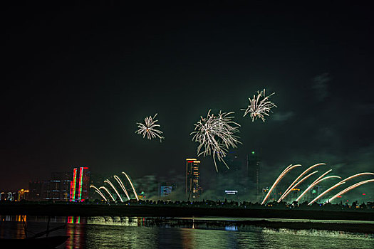 烟花,建筑群,河流,夜景,水,灯,节日