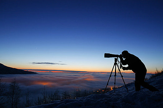 剪影,摄影师,日落,山谷,阿拉斯加,冬天