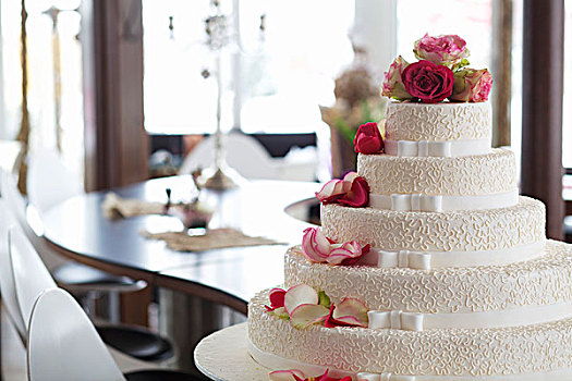 优雅,婚礼蛋糕,装饰,白色,带,粉色,玫瑰