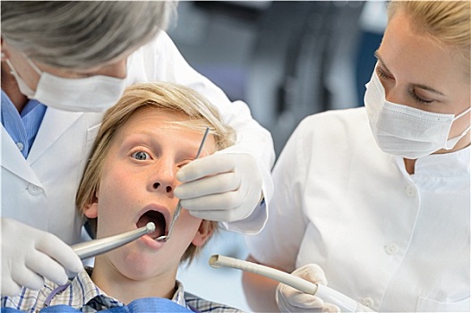 牙医,协助,检查,牙齿,青少年,男孩,病人