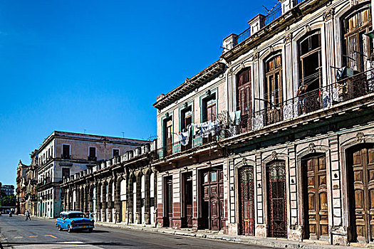 蓝色,老爷车,建筑,哈瓦那,古巴