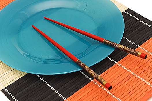 蓝色,盘子,筷子,隔绝,白色背景