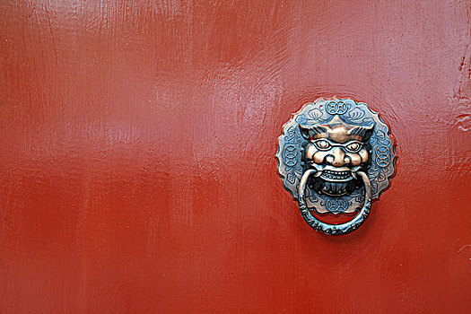 中国,旧式,狮子,红色,门