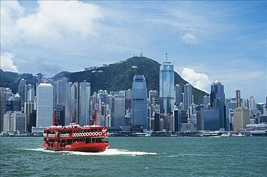香港,港口,商务区,大,红色,大西洋,渡轮,前景