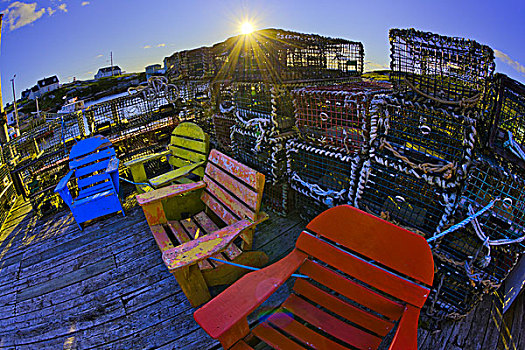 捕虾器,宽木躺椅,码头,小湾,新斯科舍省,加拿大