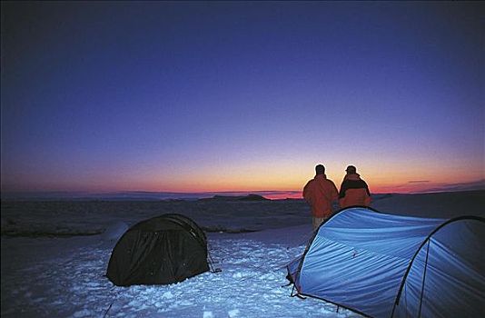日落,上方,极地,海洋,雪,帐蓬,迪斯科湾,格陵兰,北极
