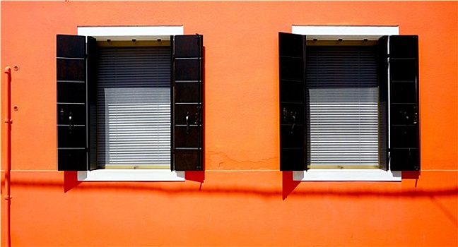 两个,窗户,房子,布拉诺岛,橙色,墙壁