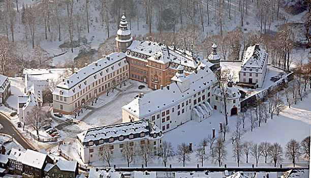 航拍,城堡,雪,冬天,有害的,berleburg,北莱茵威斯特伐利亚,德国,欧洲