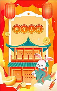 2023兔年春节国潮风新年建筑迎春插画