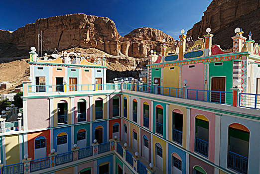 彩色,砖坯,酒店,诱饵,乡村,旱谷,哈德拉毛,也门,阿拉伯,中亚