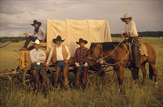 五个,牛仔,篷车,马,新墨西哥,美国