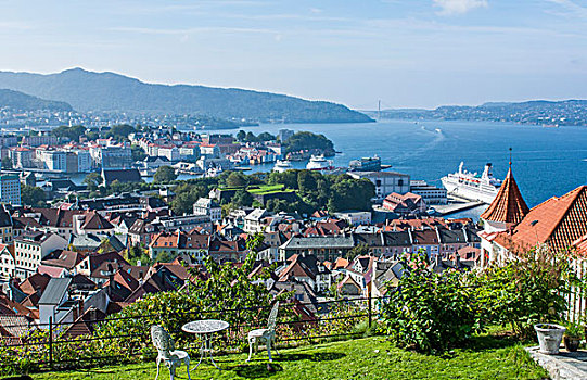 卑尔根,挪威,俯视,城市,山,水,游船,漂亮,老城