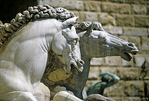 大理石,雕塑,马,海王星喷泉,市政广场,佛罗伦萨,托斯卡纳,意大利,欧洲