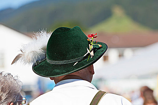 男人,戴着,传统,帽子,检查,母牛,仪式,驾驶,牛,山地牧场,地区,区域,斯瓦比亚,巴伐利亚,德国,欧洲