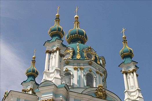 乌克兰,基辅,教堂,神圣,安德里亚,建造,木头,石头,建筑师,蓝天,阳光,绿色,圆顶,2004年