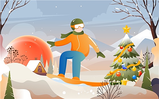 冬季滑雪运动户外出行旅游景点活动矢量插画
