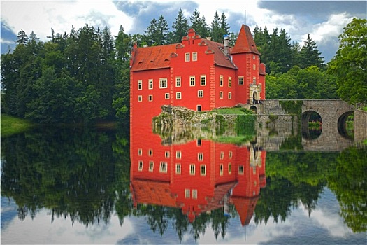 反射,红色,城堡,湖