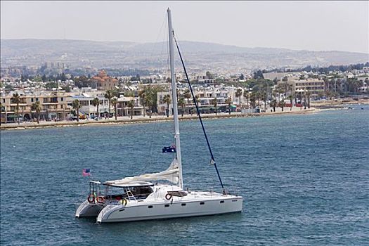双体船,离开,帕福斯,港口,塞浦路斯南部,欧洲