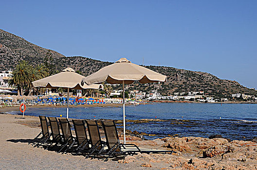 折叠躺椅,伞,海滩,克里特岛,希腊,欧洲