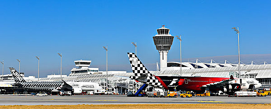 空中客车,a340,a380,1号航站楼,塔,慕尼黑,机场,弗赖辛,地区,巴伐利亚,德国,欧洲