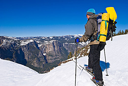 边远地区,滑雪者,俯视,优胜美地瀑布,冬天,优胜美地国家公园,加利福尼亚