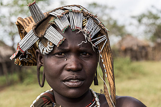 美女,头饰,头像,部落,摩西族,南方,区域,埃塞俄比亚,非洲