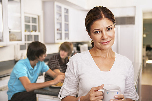 母亲,厨房,咖啡杯,儿子,吃饭,早餐,背景
