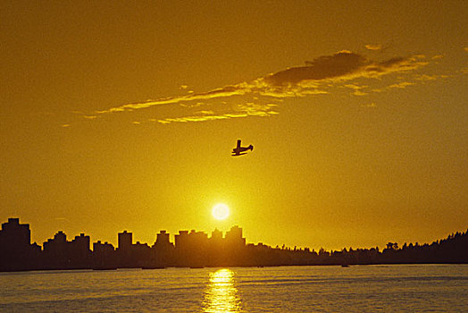水上飞机,日落,温哥华,不列颠哥伦比亚省,加拿大