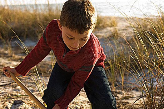 男孩,挖,铲,草,沙丘,海滩,海洋,背景