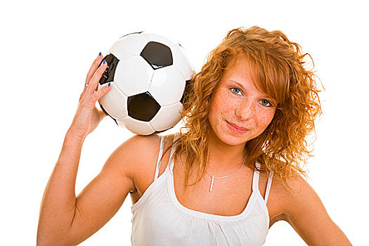 年轻,高兴,女人,足球,肩上