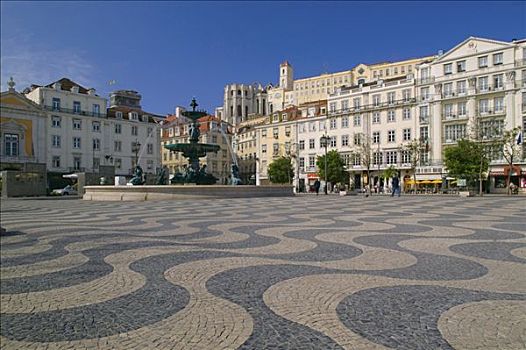 罗斯奥广场,喷泉,雕塑,里斯本,葡萄牙
