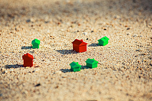 小,红色,绿色,塑料制品,房子,沙子,海滩