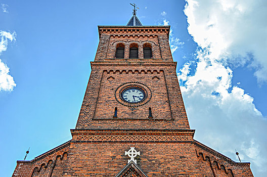 仰拍,外景,砖,塔,教堂,哥本哈根,丹麦