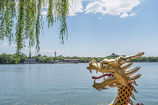 中国北京北海公园的湖边龙头游船