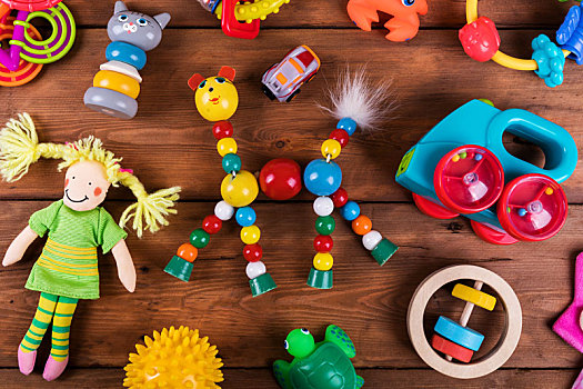 群体,彩色,婴儿,玩具,木质背景,俯视