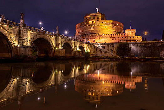 光亮,桥,夜晚,罗马,拉齐奥,意大利,欧洲