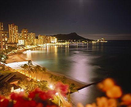 夏威夷,瓦胡岛,钻石海岬,怀基基海滩,夜晚
