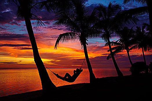 女人,吊床,棕榈树,日落,珊瑚海岸,维提岛,斐济,南太平洋
