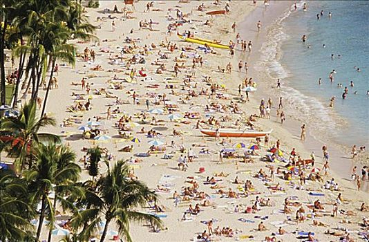 夏威夷,瓦胡岛,檀香山,怀基基海滩,游客,遮盖,英寸,沙子