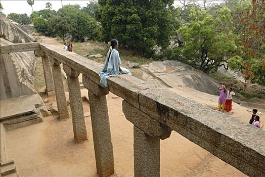 俯拍,女孩,庙宇,马哈巴利普兰,泰米尔纳德邦,印度