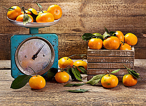 新鲜,柑橘,叶子,木质背景