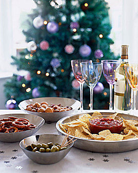 多样,开胃食品,白葡萄酒,桌子,圣诞晚餐