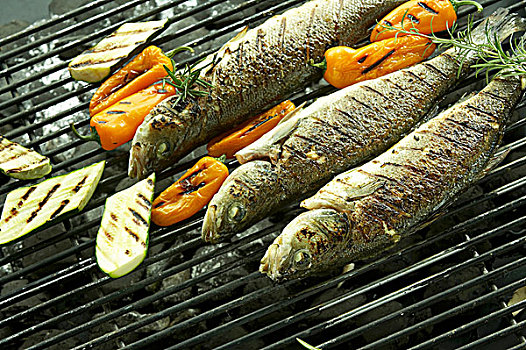 烤制食品,鲑鱼,蔬菜,烧烤